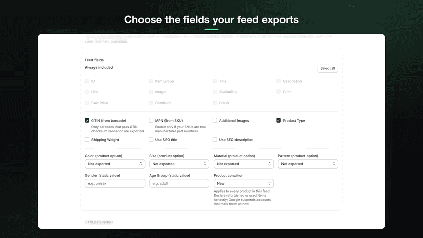Feed fields selection for exported columns