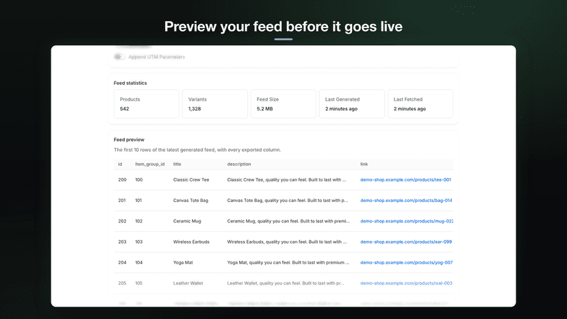 Feed statistics and row preview table