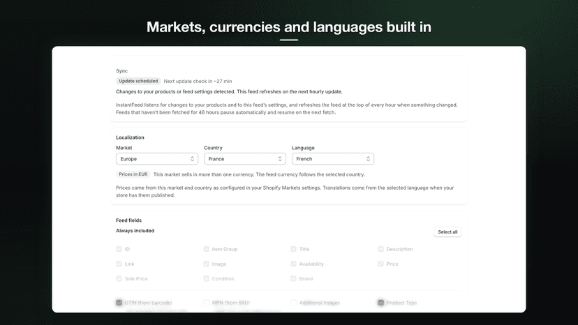 Localization settings with market, country and language