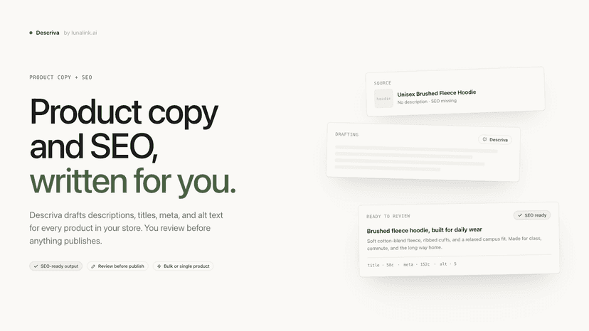 AI product copy and SEO drafts with review before publish