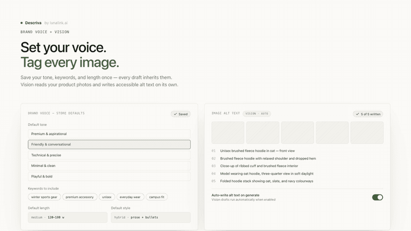 Set brand voice defaults and auto-generate image alt text