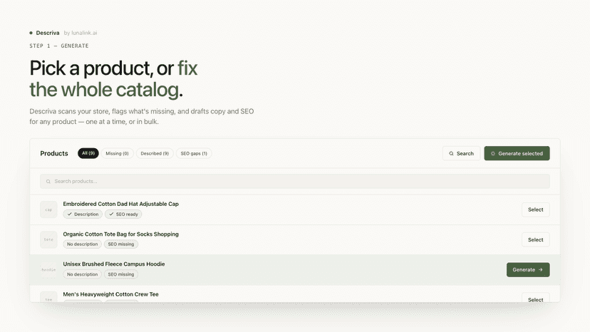 Pick products and generate missing descriptions and SEO