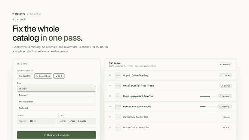 Bulk mode queue for catalog-wide copy and SEO generation