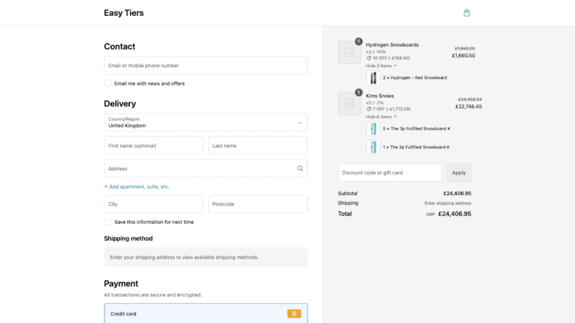 Checkout page with tiers
