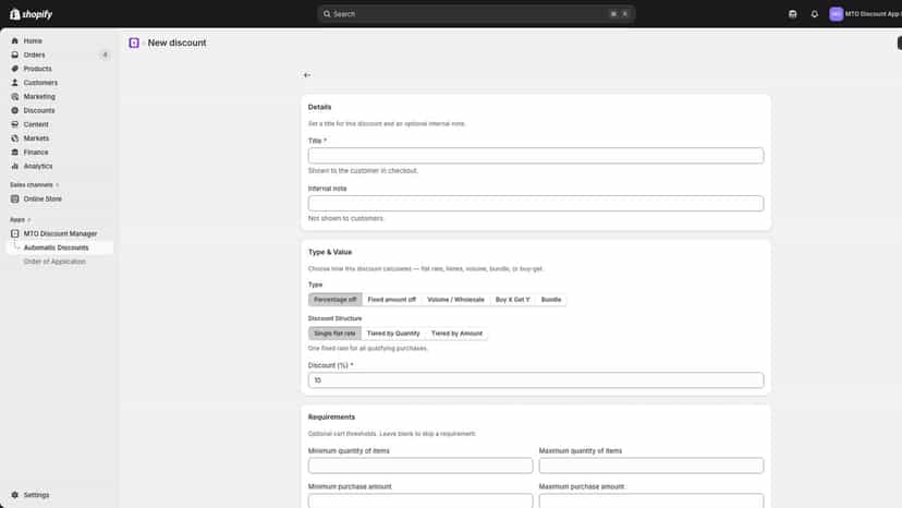 Create discount form showing discount type, targeting and combin