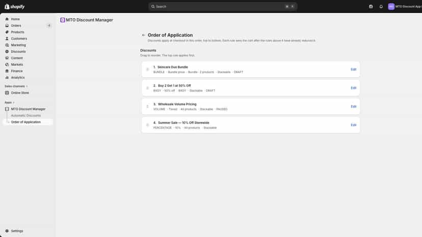 Order of Application page listing discounts in priority order