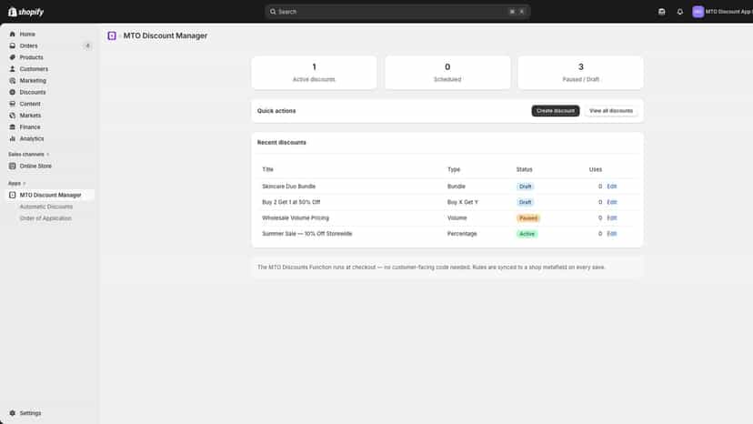 MTO Discount Manager dashboard with active discount campaigns li