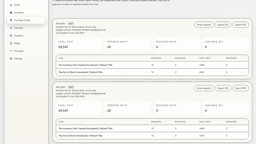 Purchase order workflow with draft supplier actions