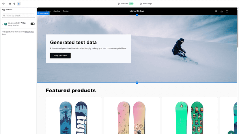 Shopify demo store admin theme editor showing Iris App embed