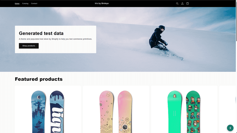 Shopify demo store showing Iris by Birdeye icon in bottom corner