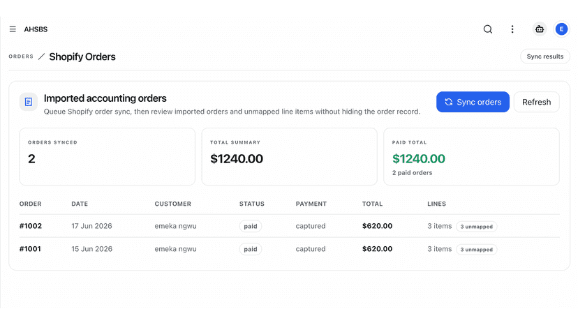 Store sync page showing connected store status and order sync co