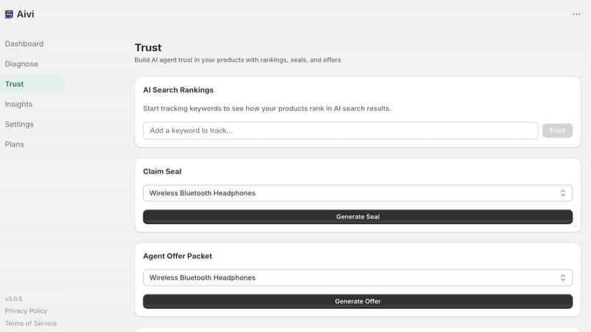 Trust page with AI seal and agent offer packet