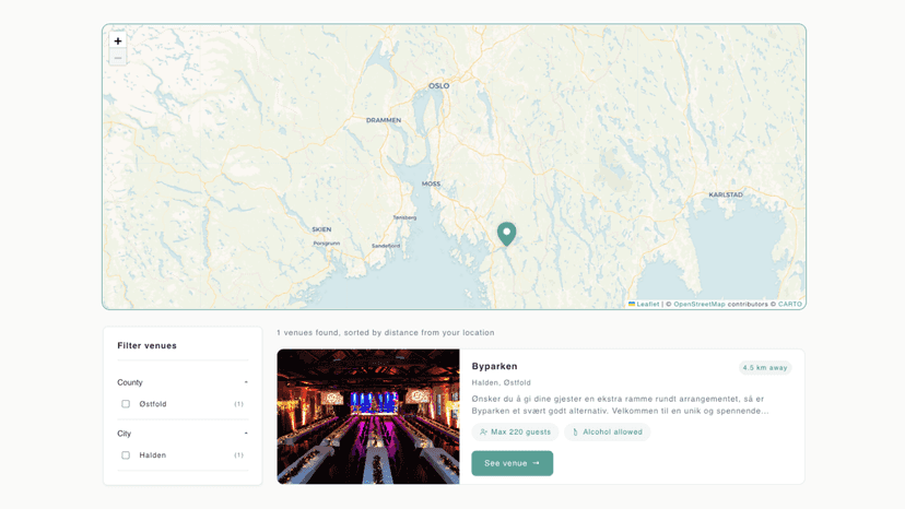 Map view with filters, venue cards, and distance sorting