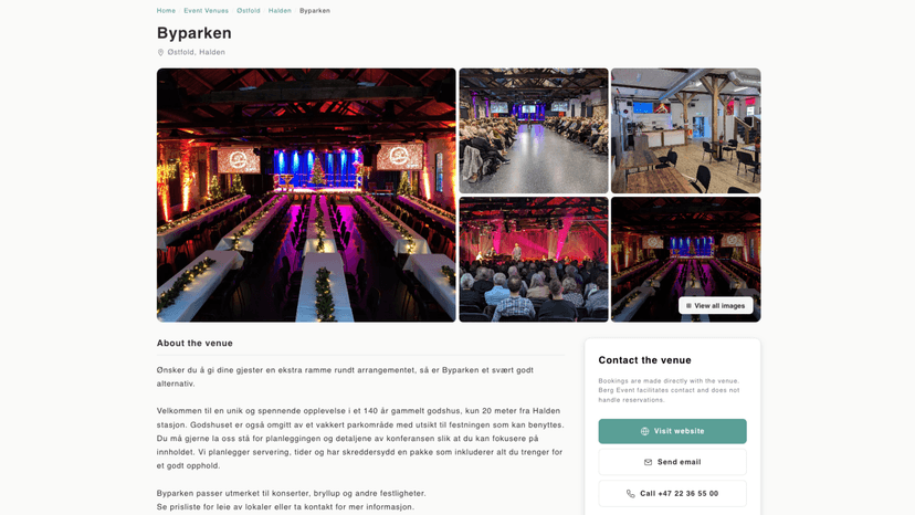 Venue profile with image gallery and contact sidebar