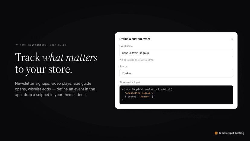 Newsletter signups, video plays, size guide opens, wishlist adds