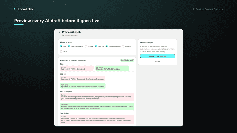AI drafts shown next to current product content for review