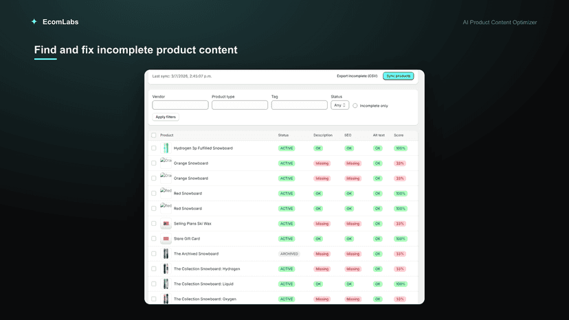 Product list with description, SEO and alt-text status