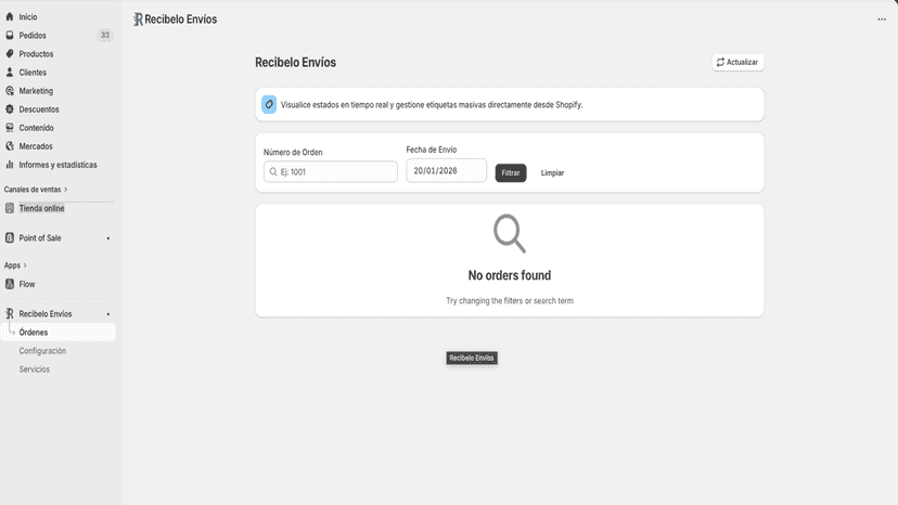 Dashboard de órdenes sincronizadas con tracking en tiempo real