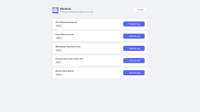 Wordcat product list in Shopify admin with Generate buttons