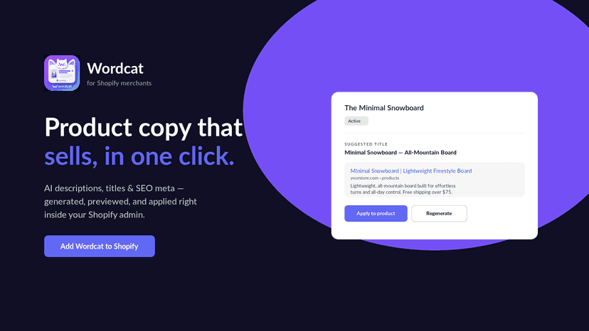Wordcat generating SEO product copy in Shopify admin