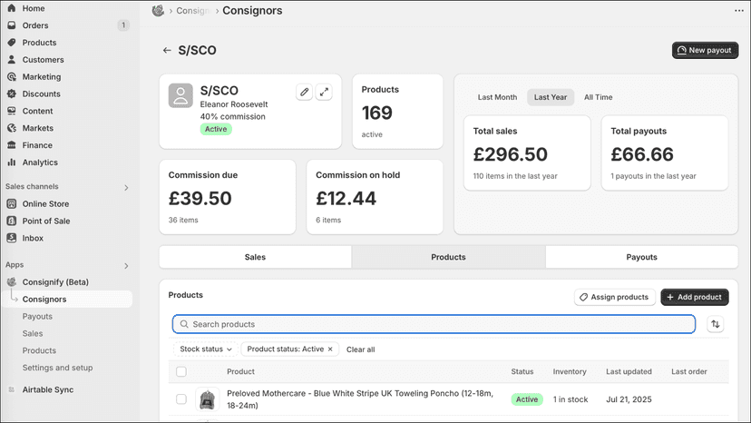 Consignify merchant details integrated in Shopify admin