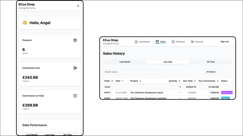 Mobile consignor portal dashboard and sales
