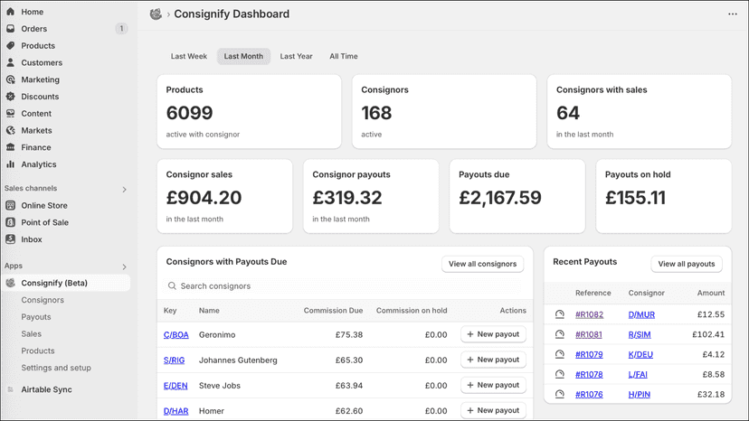 Consignify merchant dashboard integrated in Shopify admin