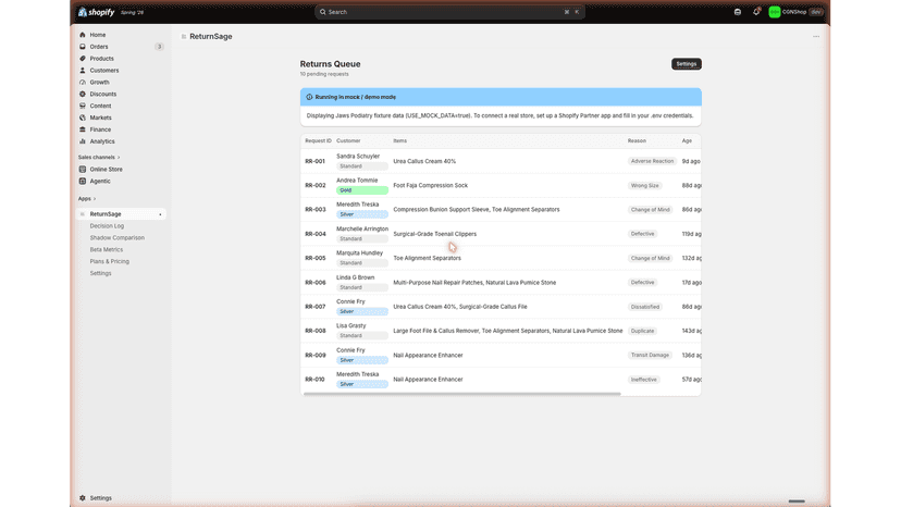 Returns queue with customer tier, LTV and risk badges