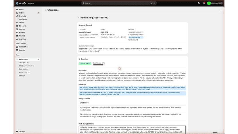 AI return decision card with reasoning and cited policy