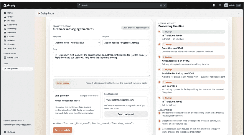 Proactive Email Notification — The template editor or a preview