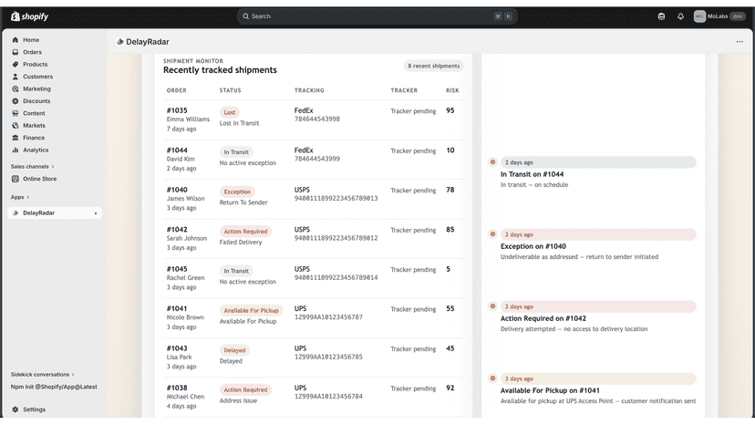 Exceptions Inbox — The list of delivery exceptions with risk sco