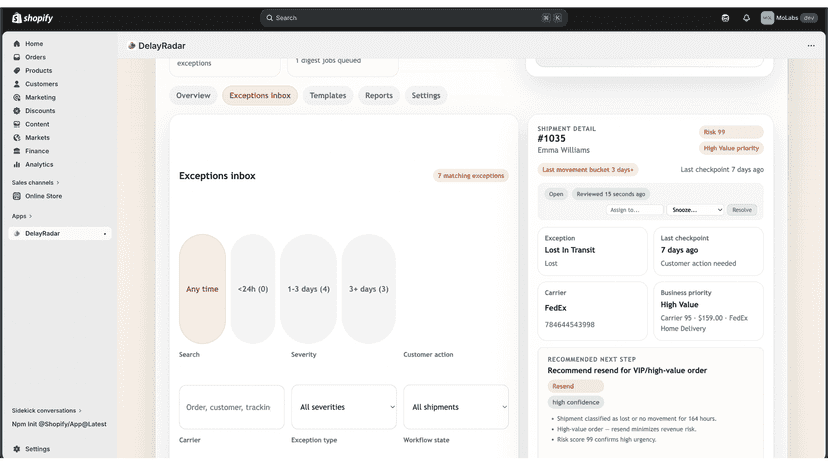 Exception Detail View — A single exception expanded, showing the