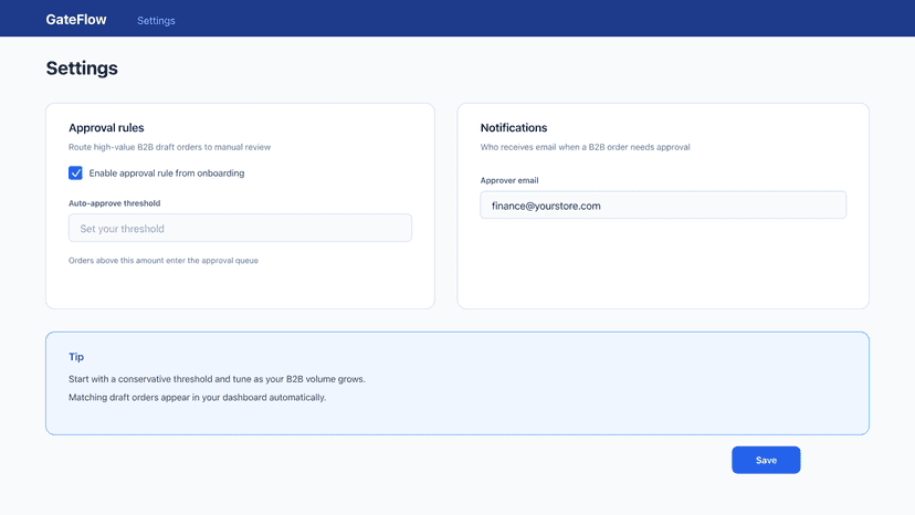 Approval rules, USD threshold, and approver in Settings