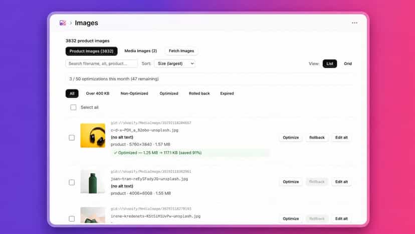 Image Optimizer listing, filters and alt text with AI