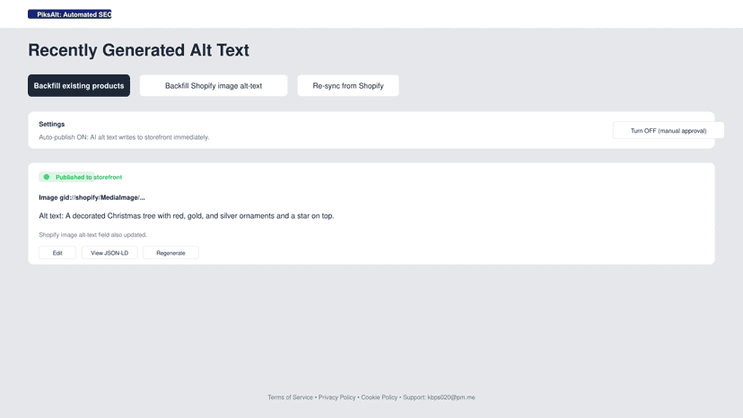 Approval queue with generated alt text and publish status