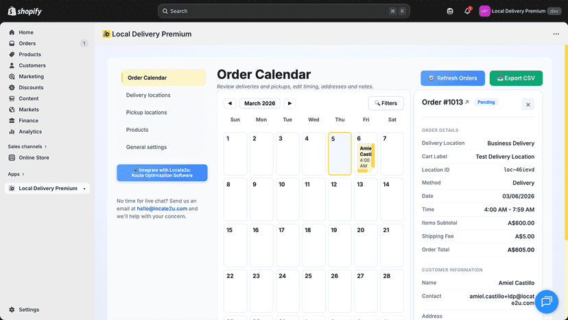 Order calendar + Order details window