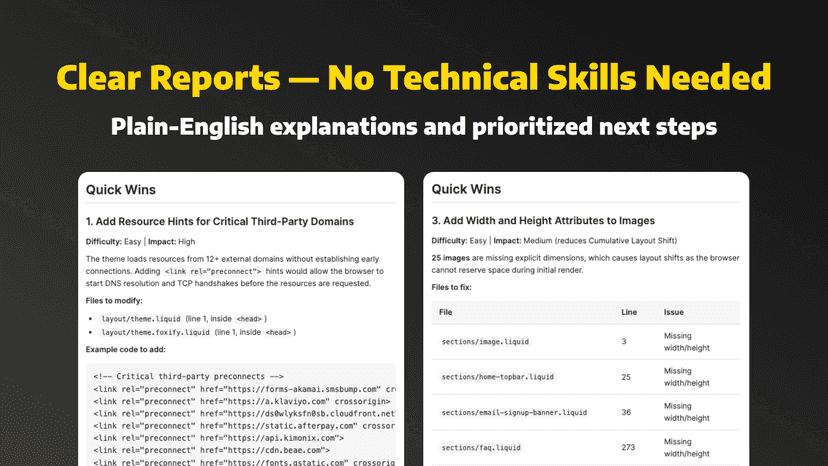 Plain-English reports with clear steps to fix speed issues