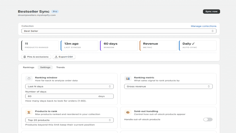 Settings panel for ranking window, metric, and soldout handling