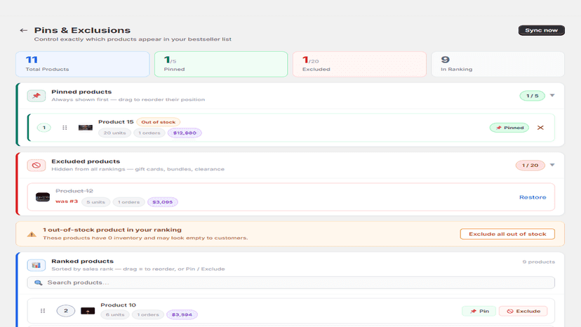Pins and Exclusions page with pinned and excluded products
