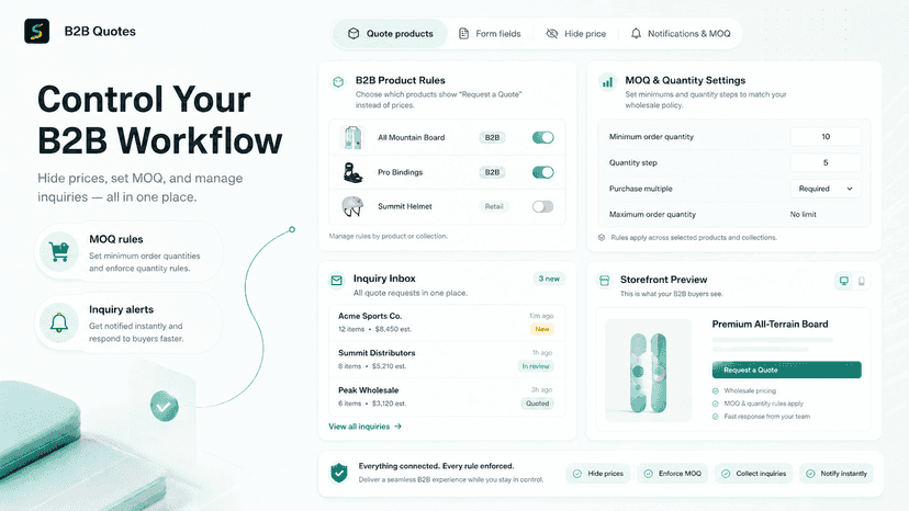 B2B workflow dashboard with MOQ and inquiry tools