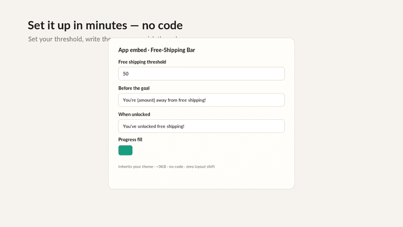 Theme editor settings panel for the Free-Shipping Bar app