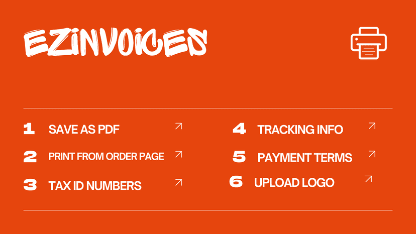 Save & print pdf, tax id numbers, upload logo, tracking info