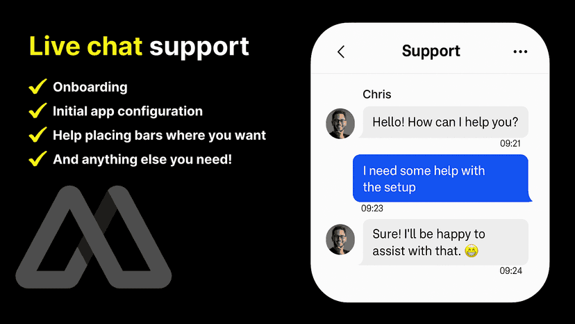 Live chat support with onboarding and app setup help