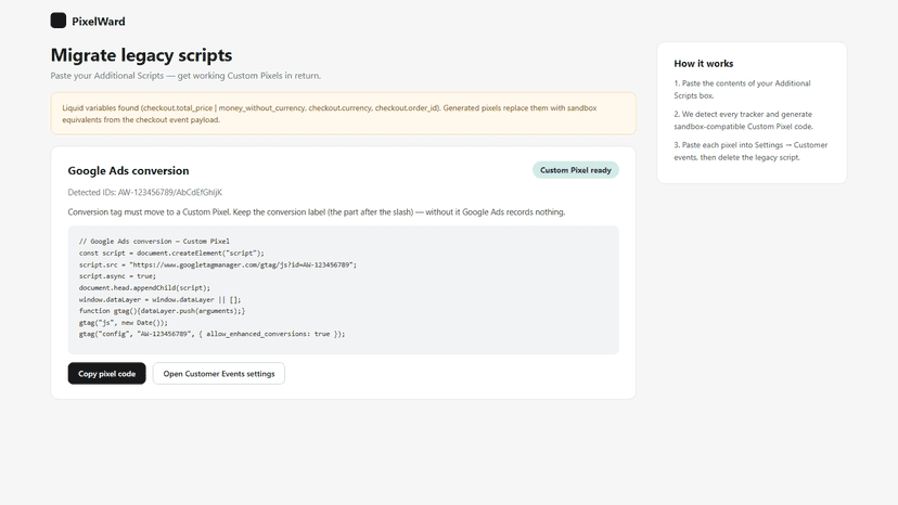 Generated Custom Pixel code for a detected Google Ads tracker