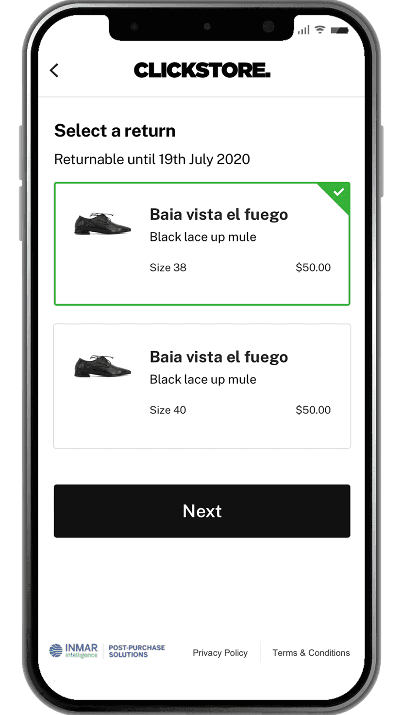Customer Selects Item To Return on mobile