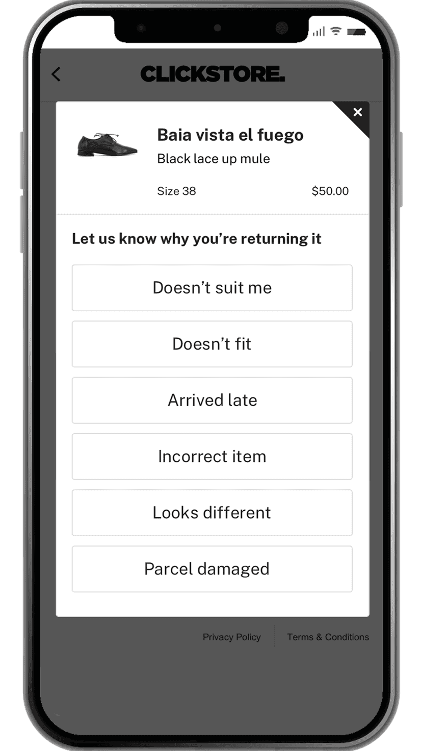 Customer Selects Reason Code on mobile
