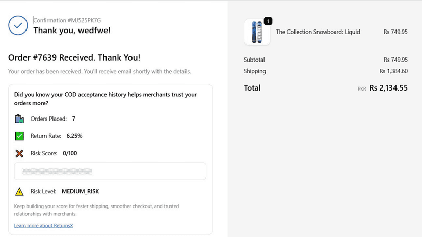 After-checkout risk analysis block for the customer
