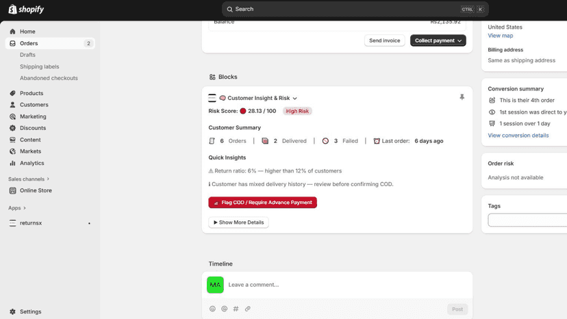 Customer Insight block shown inside the Orders page