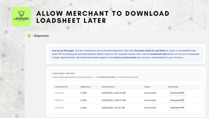 Shipments page with load sheet history and download options