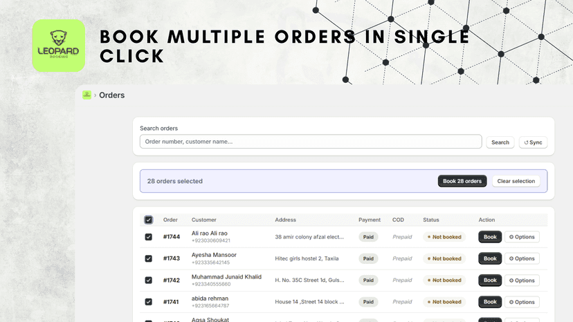 Orders page with batch selection for booking multiple shipments